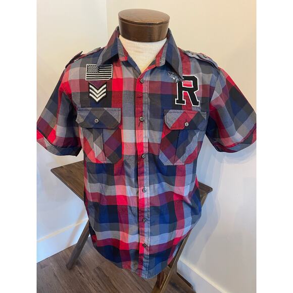 Red Ape Red and Blue Plaid Button Down Size Medium - Picture 1 of 3